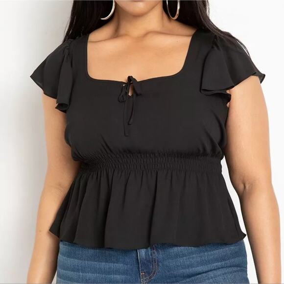 NEW Eloquii size 20 square neck peplum cap sleeve black blouse - Picture 1 of 3